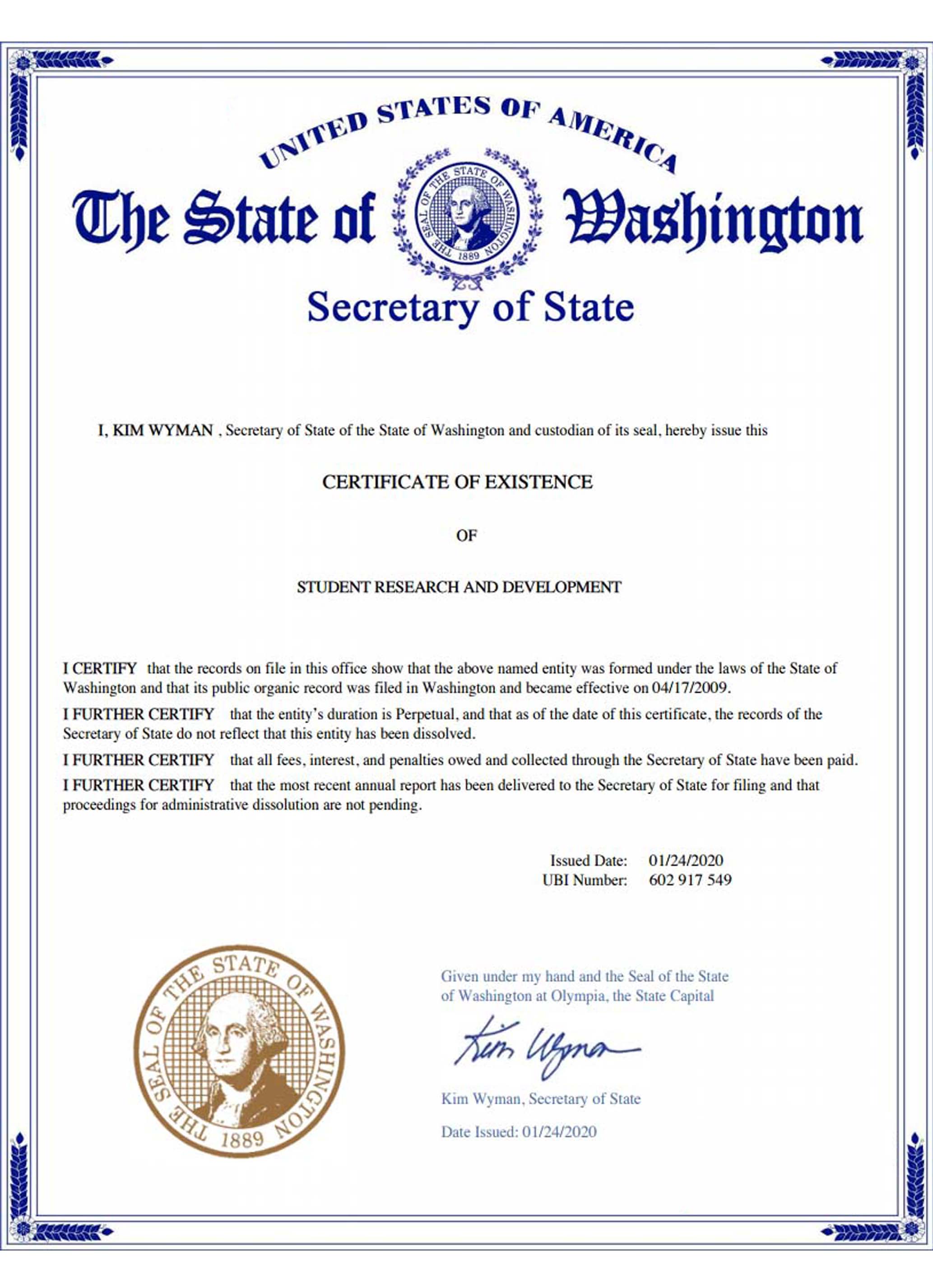 USA Washington certificate of good standing